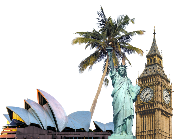 The Sydney Opera House, a palm tree, the Statue of Liberty, and Big Ben.
