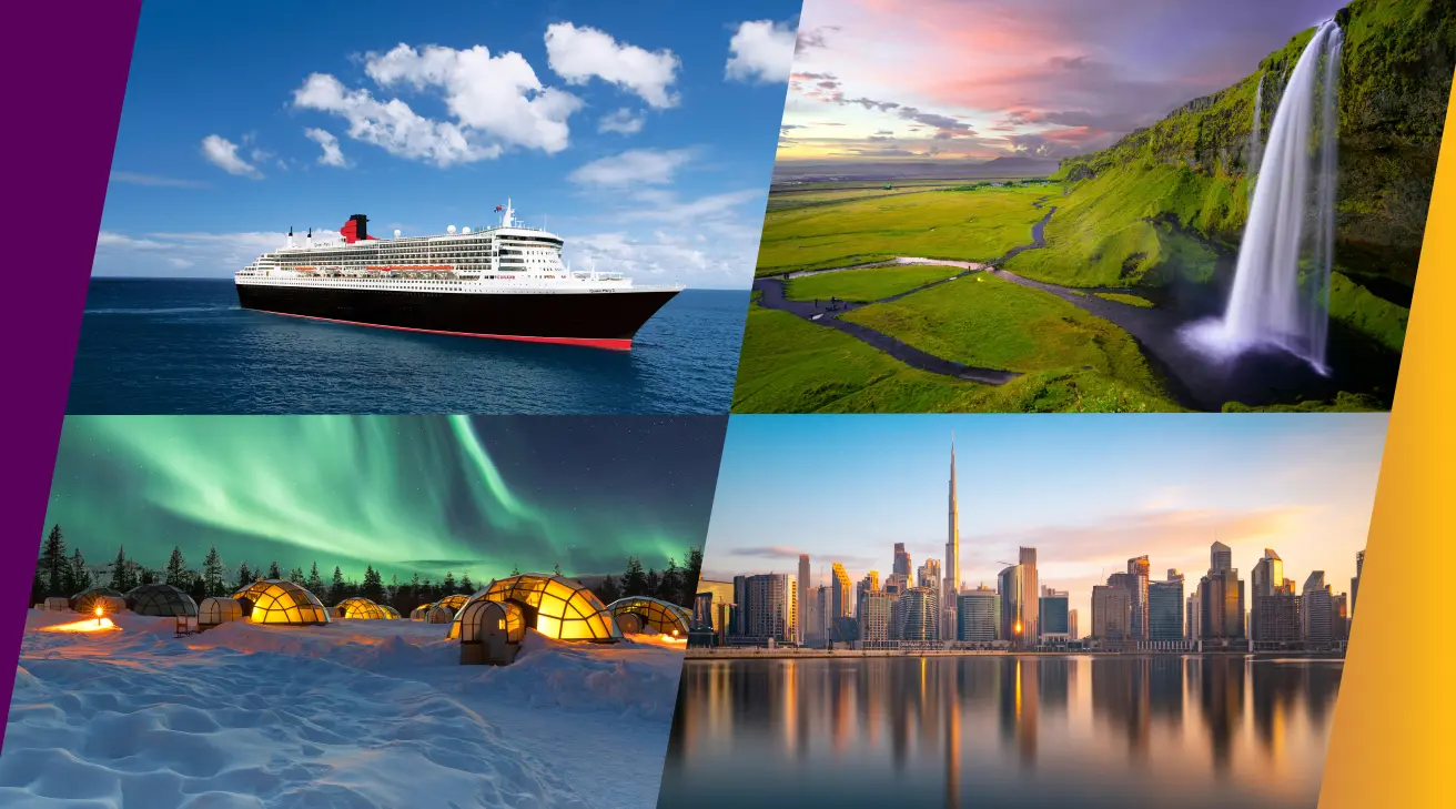 collage of scenic locations on a with a cruise ship, sky scape of Dubai, Ireland waterfall and igloos in Finland surrounded by snow with green aurora borealis