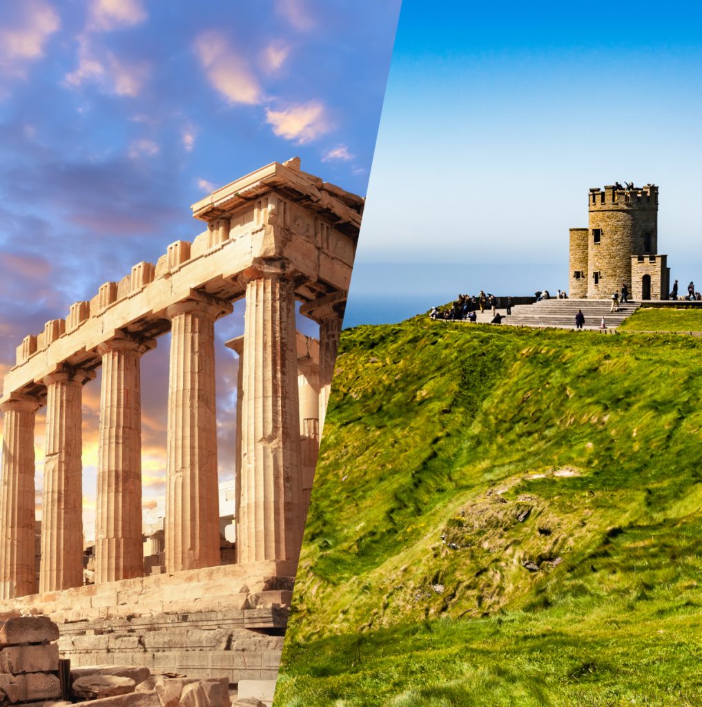 split image of Greek ruins and a castle on the hill in Ireland