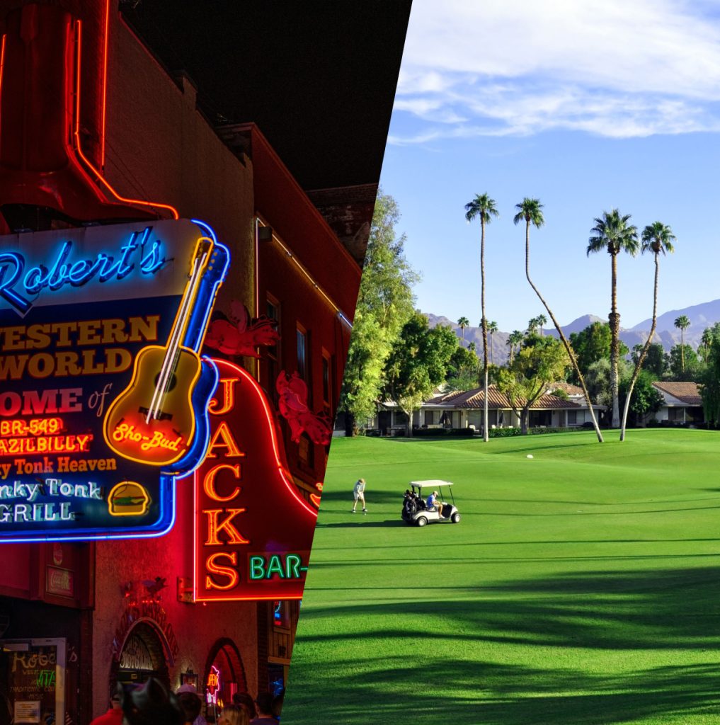 split image with neon signs of downtown Nashville and a golf green in Palm springs